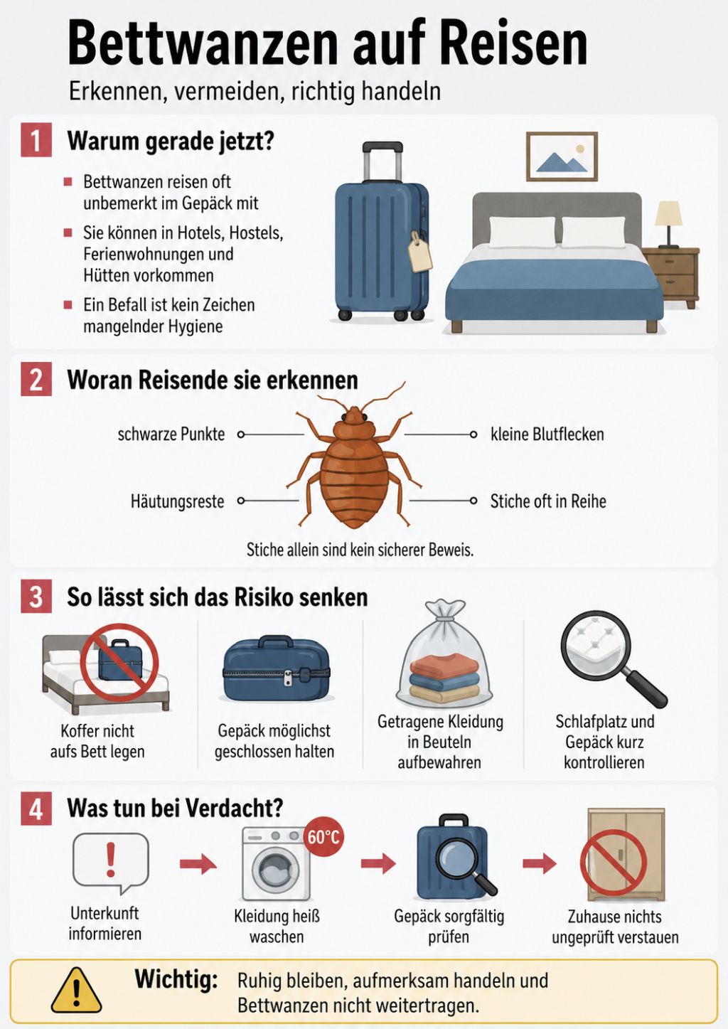 Bettwanzen auf Reisen erkennen, vermeiden und richtig handeln Infografik zum Thema Bettwanzen auf Urlaub