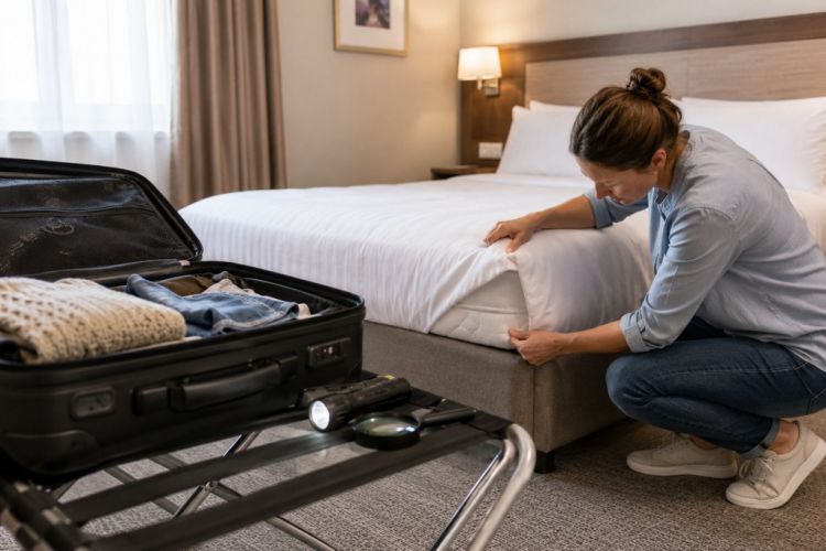 Reisende Person kontrolliert in einem Hotelzimmer die Matratzenkante, während ein Koffer auf einem Gepäckständer steht.